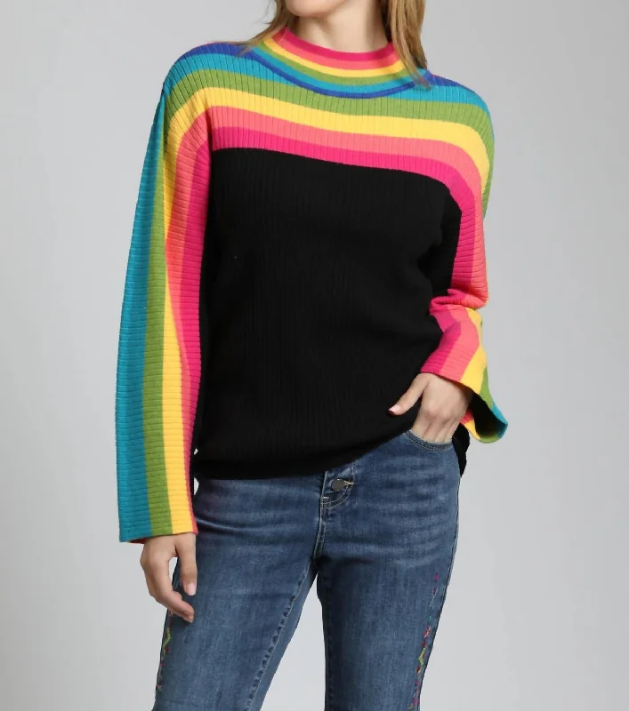 Fashionable Women's Clothing Rainbow Stripe Funnel Neck Sweater In Multi