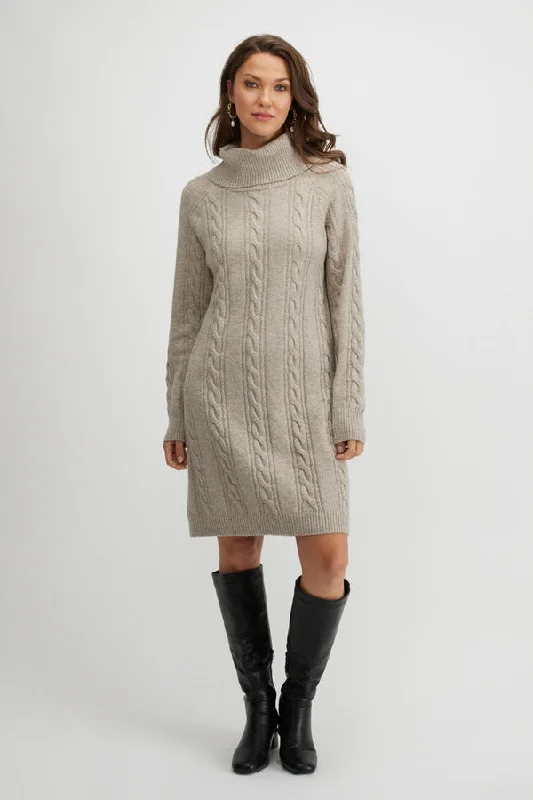 Comfortable Casual Women's Clothing Emproved Cable Knit Sweater Dress - Oat