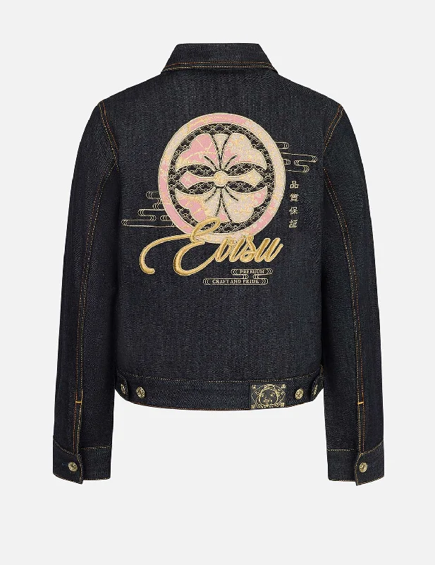 Women's High-End Clothing Brocade Inserted Kamon and Logo Embroidery Regular Fit Denim Jacket