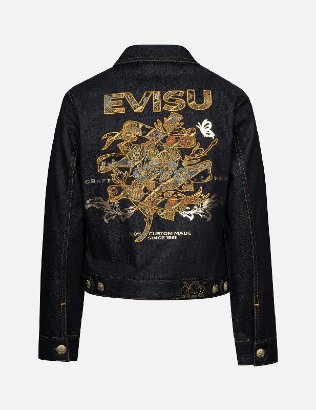 New Arrival Discounts Brocade Rose and Logo Embroidery Regular Fit Denim Jacket