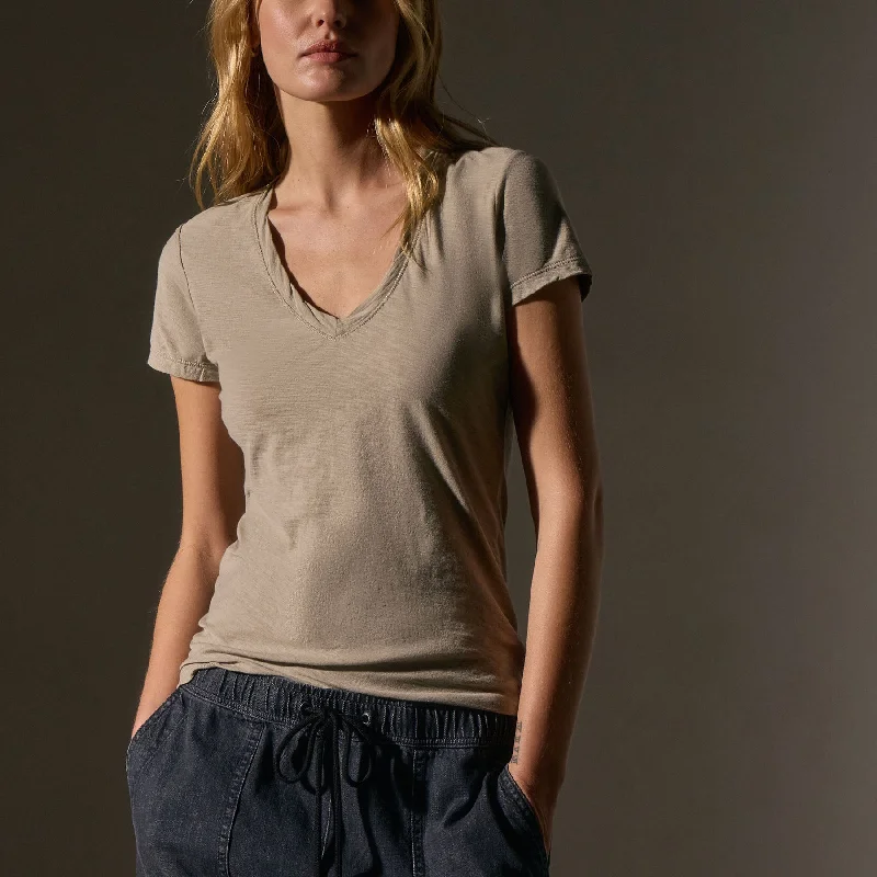 Sustainable Women's Clothing Sheer Slub Casual V Neck - Overcast