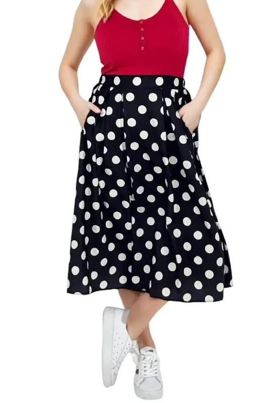 Stylish Everyday Clothing Polka Dot Pleated Midi Skirt In Black