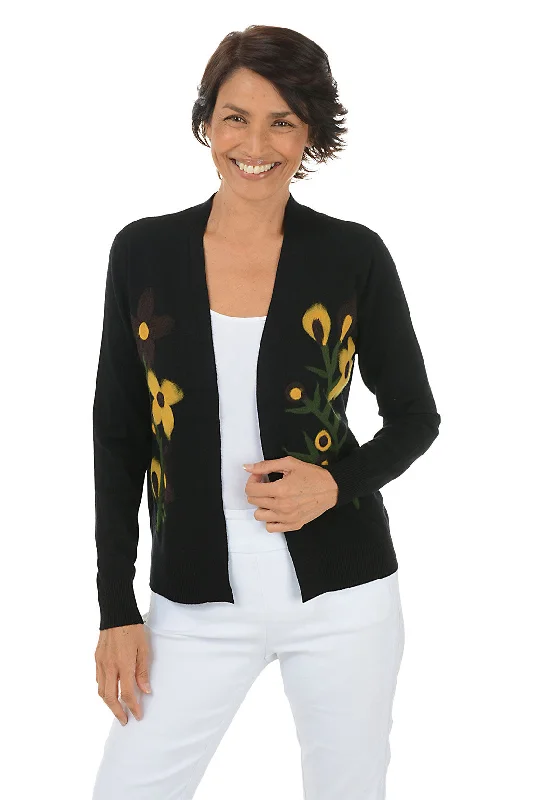 Trendy Women's Fashion Black Felted Flower Buds Open Cardigan