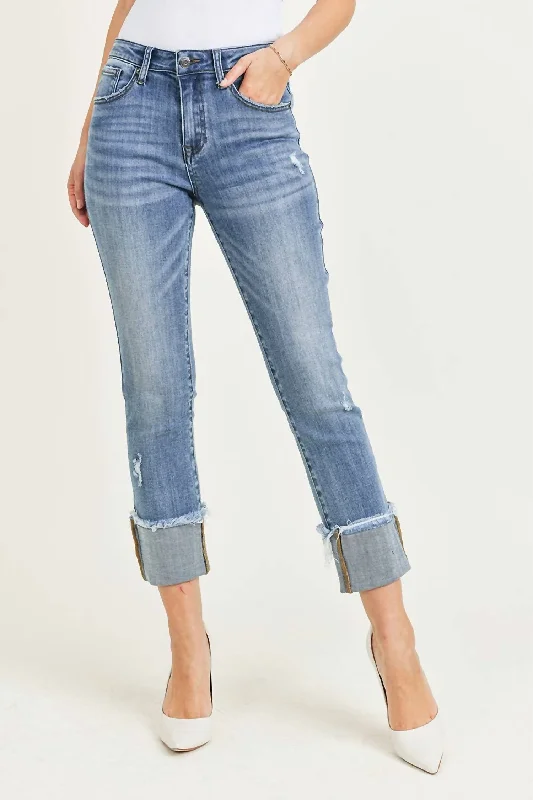 Women Wear Online Raw Hem Cuffed Slim Straight Leg Jeans In Blue