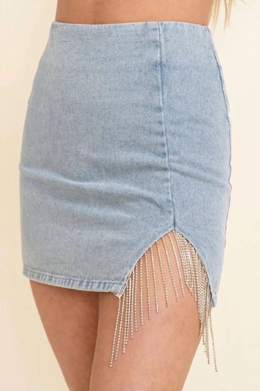 Elegant Women's Clothing Online Dance With Me Rhinestone Fringe Pencil Skirt In Light Denim