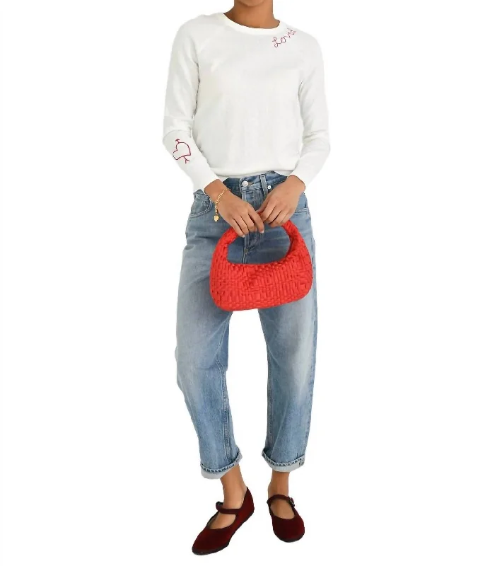 Workwear Fashion for Women Love D Stitch Crew Sweater In White/red