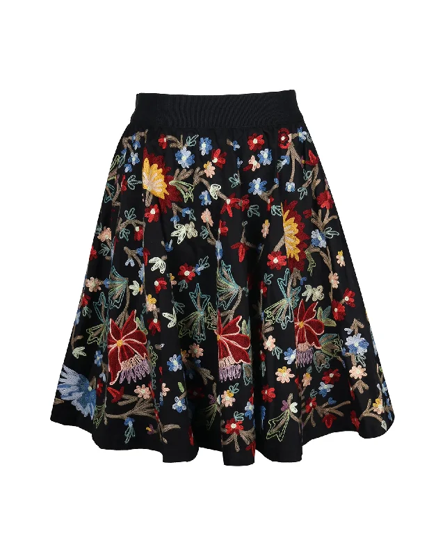 Stylish Women's Attire Alice + Olivia Floral Embroidered Skirt in Black Cotton