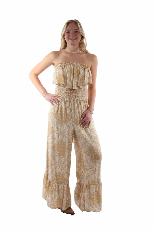 Women's Formal Wear Scully Womens Strapless Ruffle Trim Toffee Lyocell S/L Jumpsuit