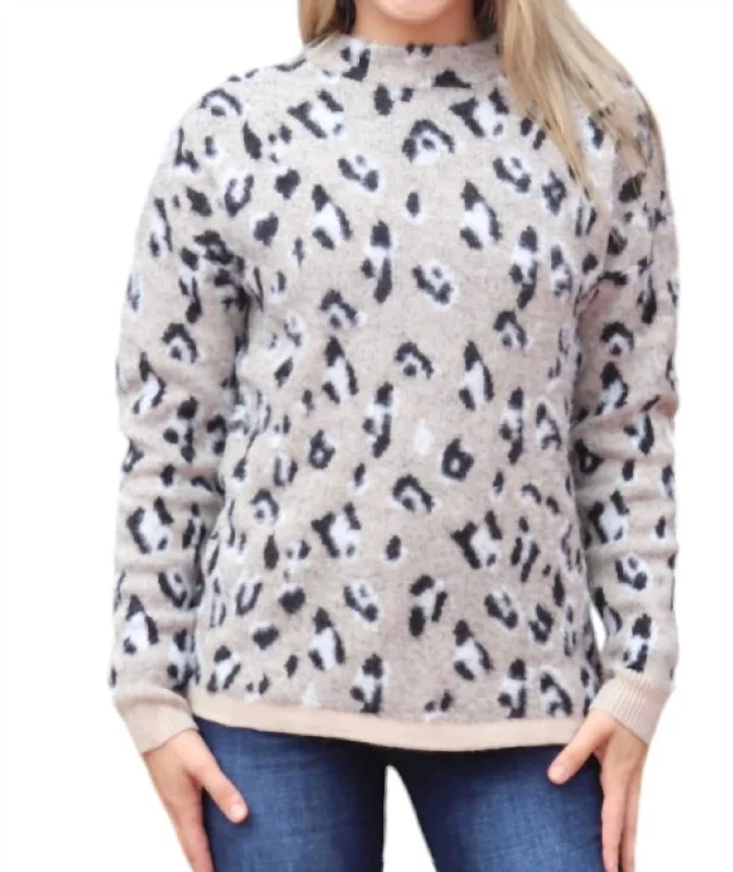 Women's High Street Fashion Leopard Crew Sweater In Grey