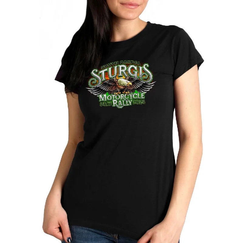 Plus Size Women's Fashion and Clothing 2024 Sturgis #1 Women's Design Eagle & Skull Black Motorcycle Rally T-Shirt SPL1886