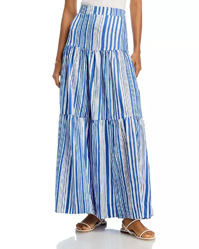 Women's Elegant Formal Outfit Cobalt Tiered Maxi Skirt In Blue Stripe