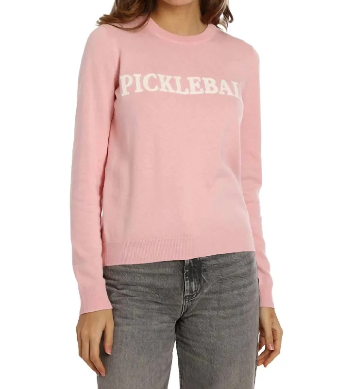 Chic Women's Outfit Ideas Pickleball Embroidery Crew Sweater In Pink Bellini