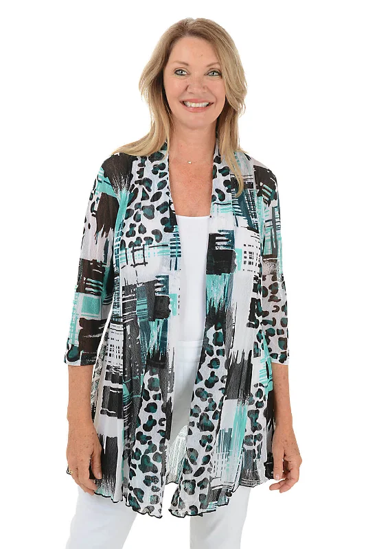 Plus Size Women's Fashion and Clothing Green Animal Patchwork Mesh Cardigan