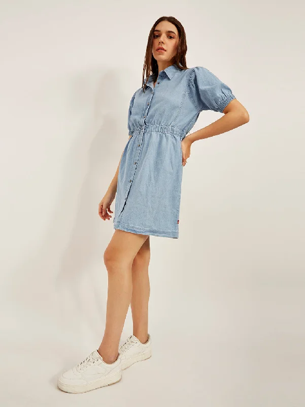 Women's Casual Dresses Women's Solid Light Blue Spread Collar Dress