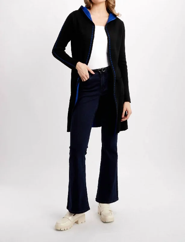 Comfortable Casual Women's Clothing Hooded Long Sleeve Cardigan In Black (Has Blue Lining)