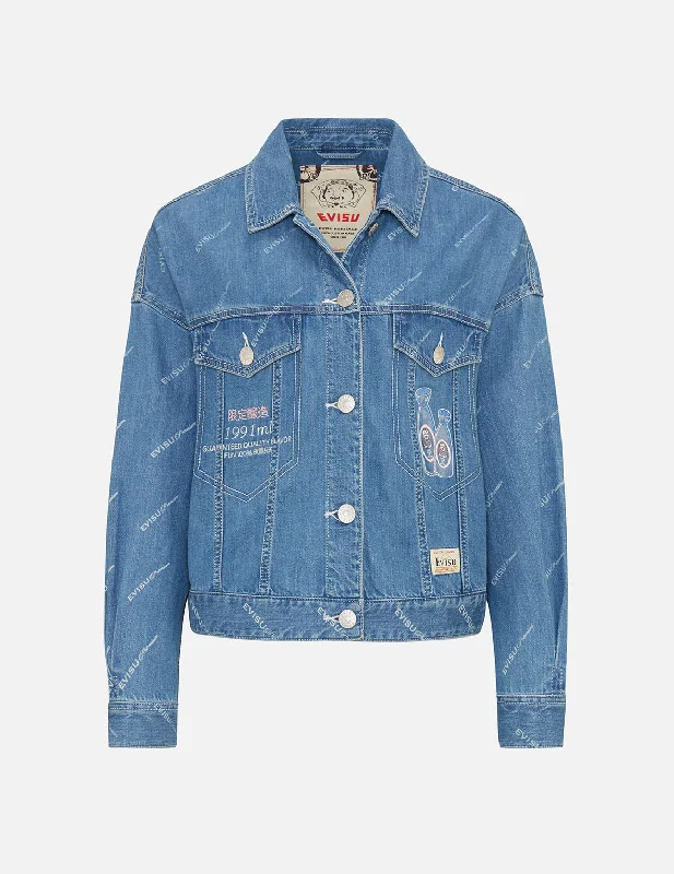 Women's Online Boutique Sake Bottle Embroidered Monogram Print Denim Jacket