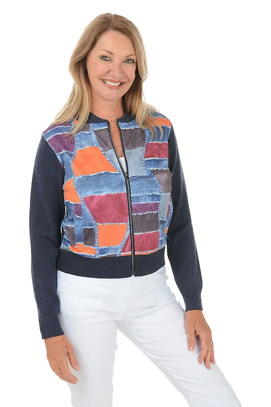 High-End Women's Apparel Patchwork Zip Front Sweater Jacket