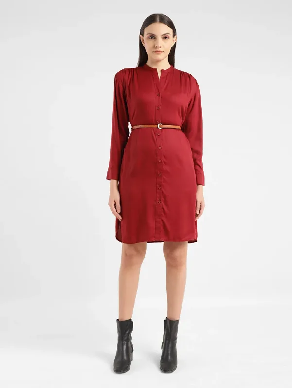 Early Bird Offer Women's Solid Red Band Neck Dress