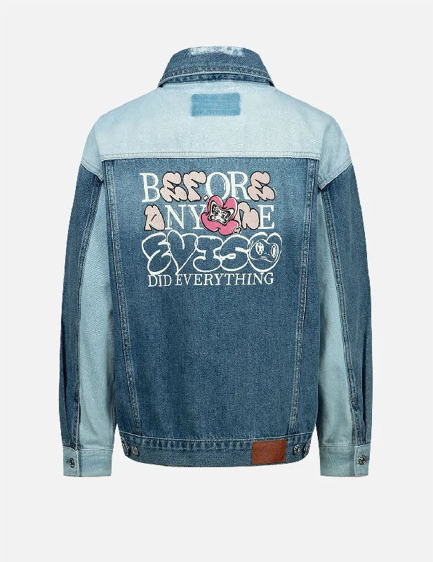 Online Clothing Boutiques Daruma with Brand Motto Two-tone Denim Jacket