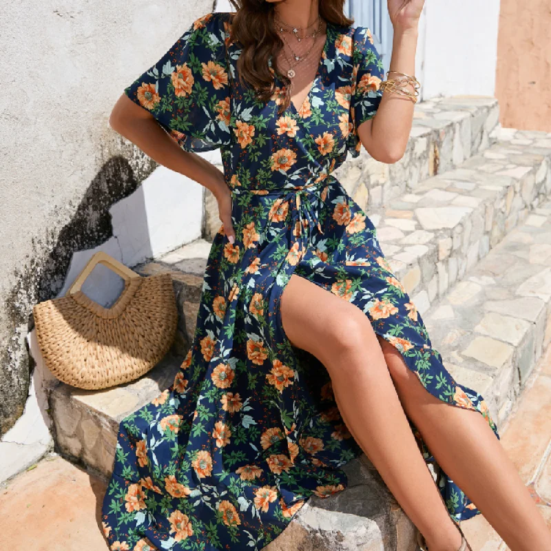 Casual Chic Clothing For Women Women Wrap Style Summer Floral Dress With Ruffles