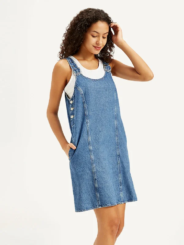 Women's Fashion Clothing Women's Solid Blue Scoop Neck Denim Dress