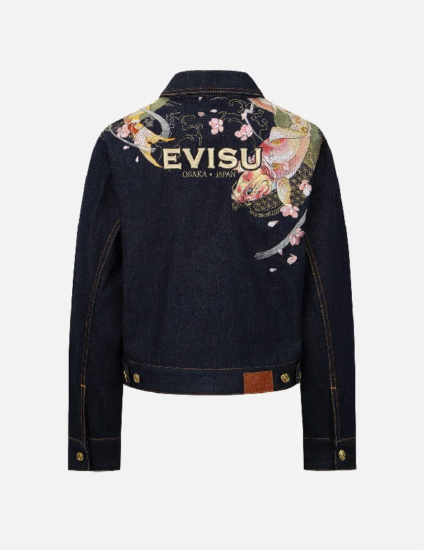 Women's Clothing Stores Tattoo Koi and Sakura Embroidery Denim Jacket