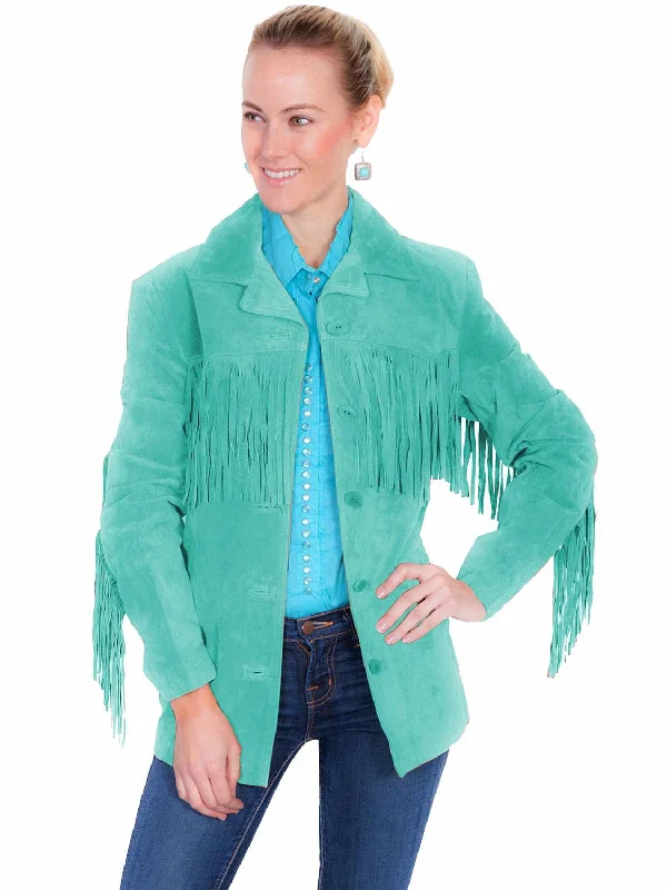 Plus Size Women Wear Scully Womens Notched Lapel Fringe Turquoise Leather Leather Jacket