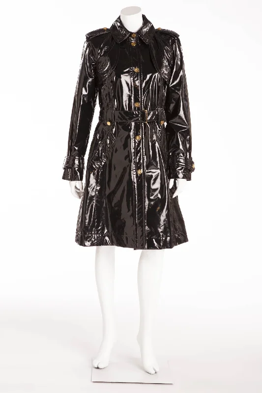 Online Boutiques Clothing Roberto Cavalli - Black Patent Long Sleeve Coat with Tie Waist - IT 42