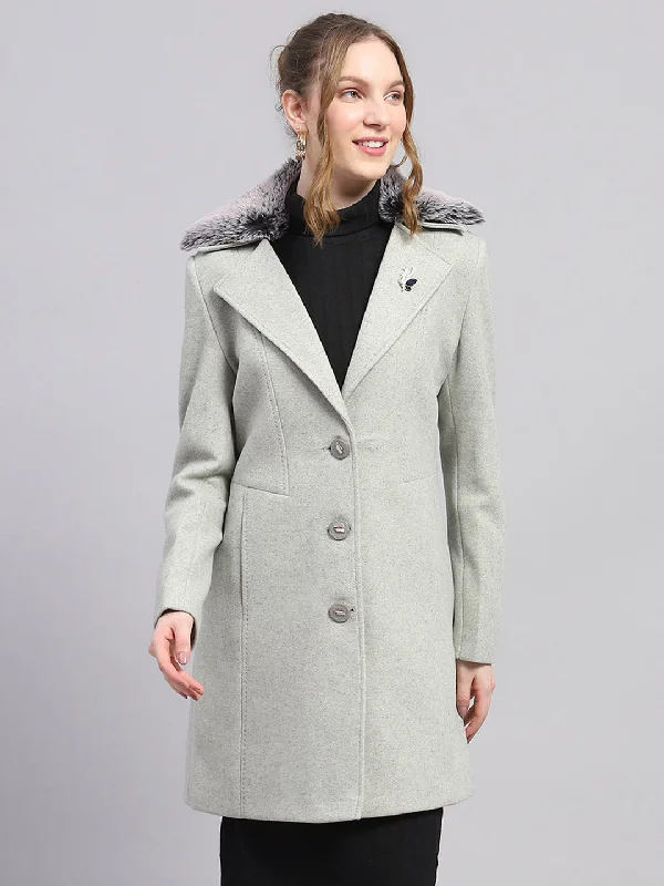 Women's Clothing Women Grey Solid Notch lapel Collar Full Sleeve Coat