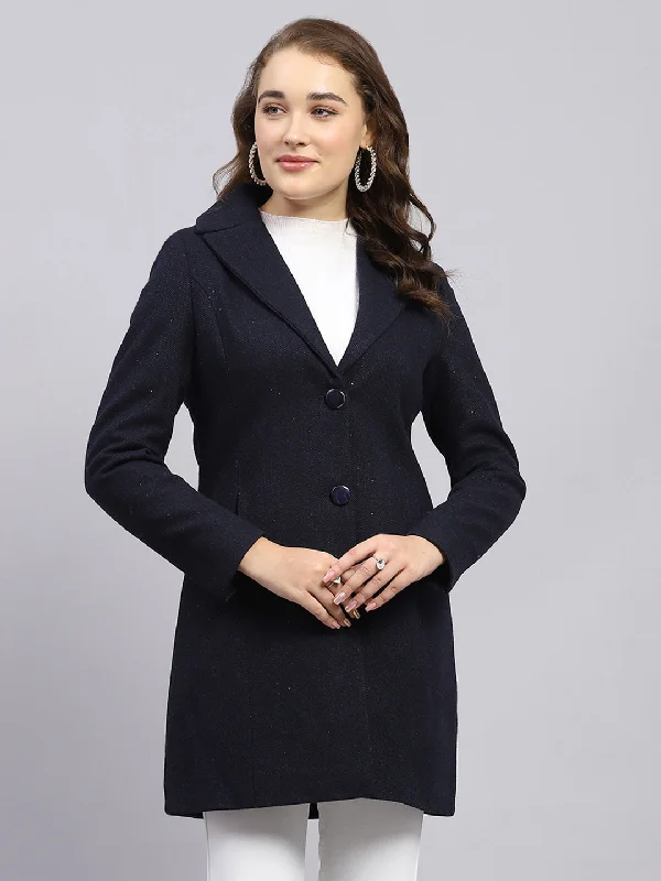 Women's Clothing Sale Online Women Navy Blue Self Design Notch lapel Collar Full Sleeve Coat