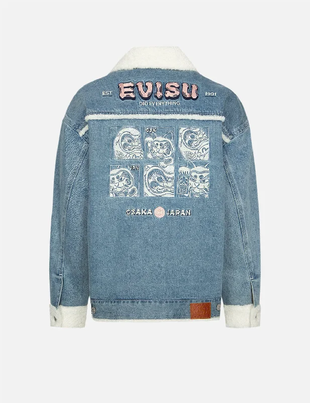 Women Fashion Daruma and Fortune Cat Embroidery Sherpa-lined Denim Jacket