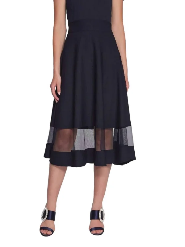 Women's Transitional Attire Scuba Crepe And Mesh Flared Skirt In Midnight Blue