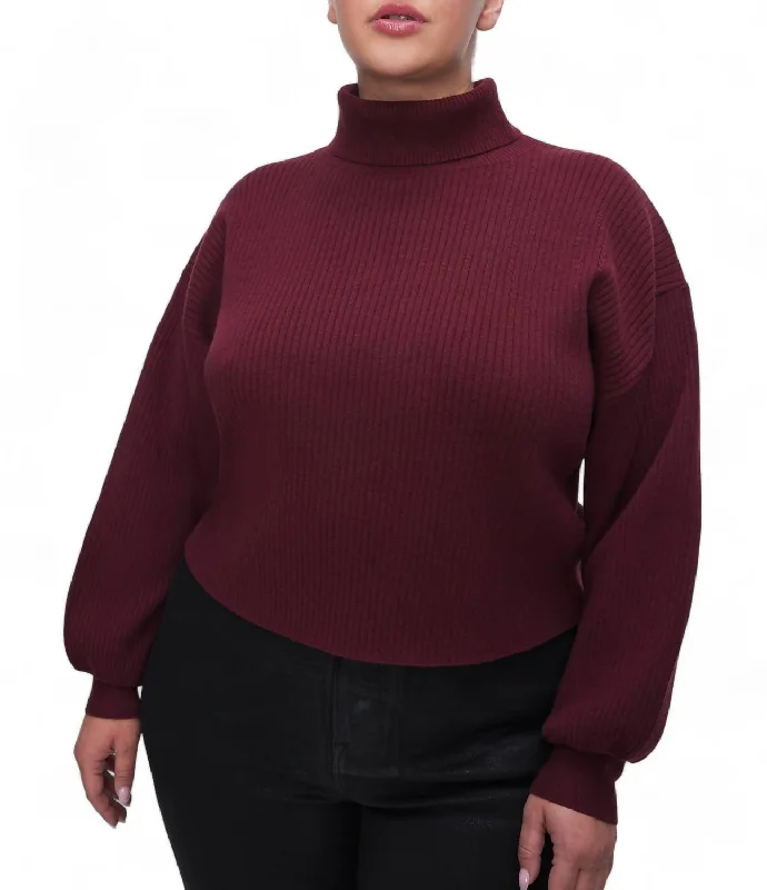 Chic Women's Attire Ribbed Mock Neck Sweater In Malbec