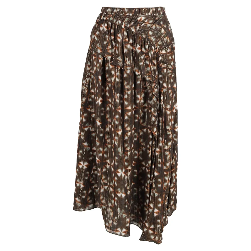 Vintage Women's Fashion Ulla Johnson Midi Printed Ruffle Detail Skirt in Brown Polyester