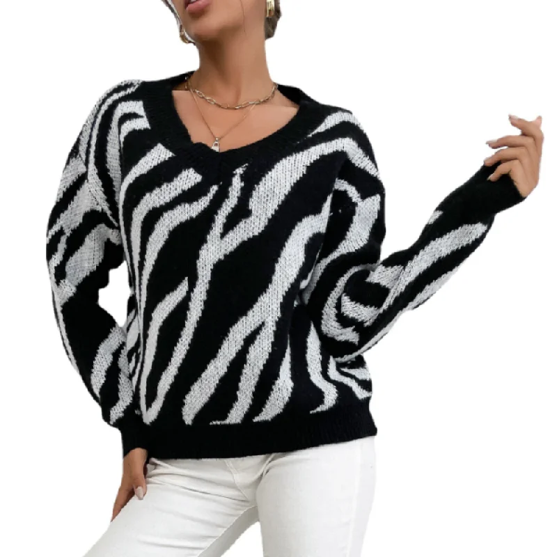 Women's Evening Wear for Special Occasions Womens Zebra Print Round Neck Sweater