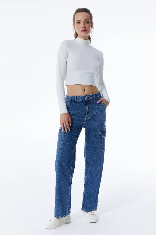 Timeless Women's Fashion Styles Charlotte High Waist Cargo Jeans Medium Blue