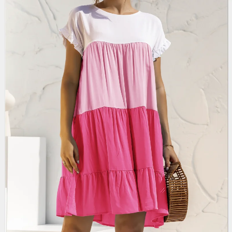 Weekend Sale Womens Color Block Summer Dress with Ruffle Sleeve