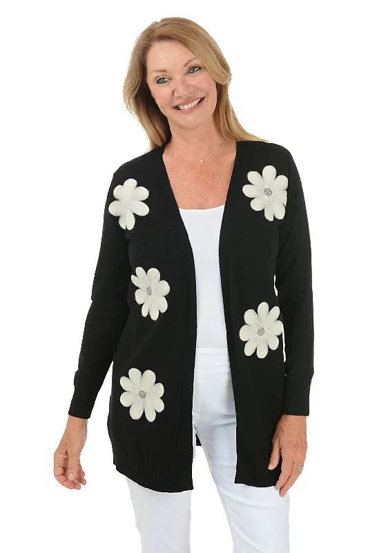 Women's Clothing for Every Season and Trend Black Felted Daisies Duster Cardigan