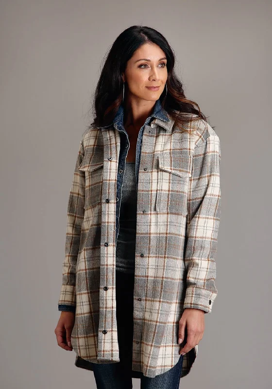 Women's Clothes Stetson Womens Neutral Plaid Oversized Grey Poly/Wool Jacket