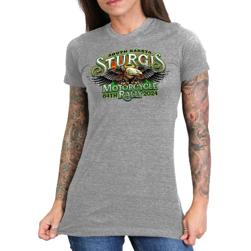 Women's Outerwear for All Weather Conditions 2024 Sturgis Women's #1 Design Eagle & Skull Heather Gray Motorcycle Rally T-Shirt SPL1887