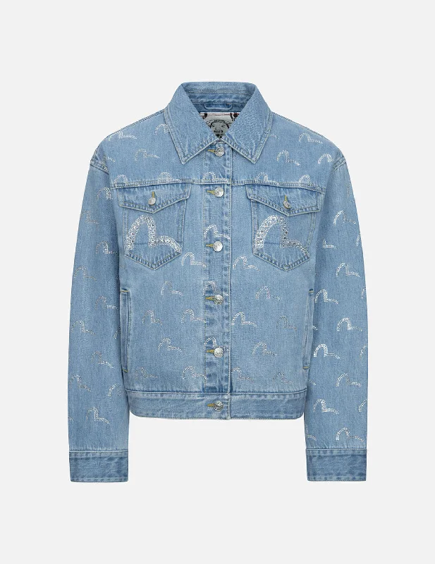 Outlet Clothing Allover Rhinestone Seagull Loose Fit Denim Jacket