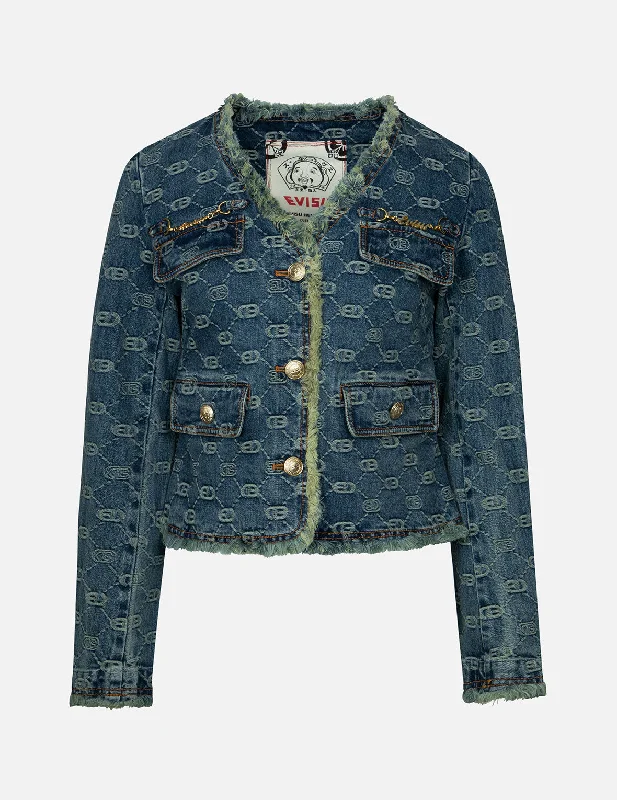 Stylish And Comfortable Clothing For Women Allover Logo Jacquard Fashion Fit Denim Jacket