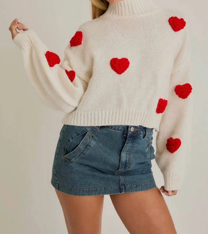 Big Sale Event 3D Heart Mock Neck Sweater In White + Red