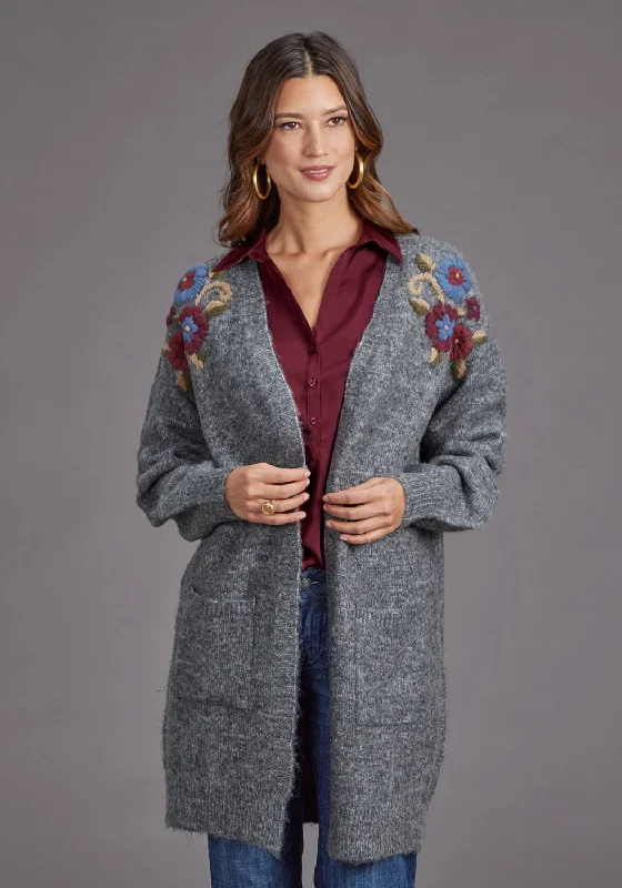 Clothes Of Woman Stetson Womens Floral Embroidered Grey Acrylic Blend Cardigan Sweater