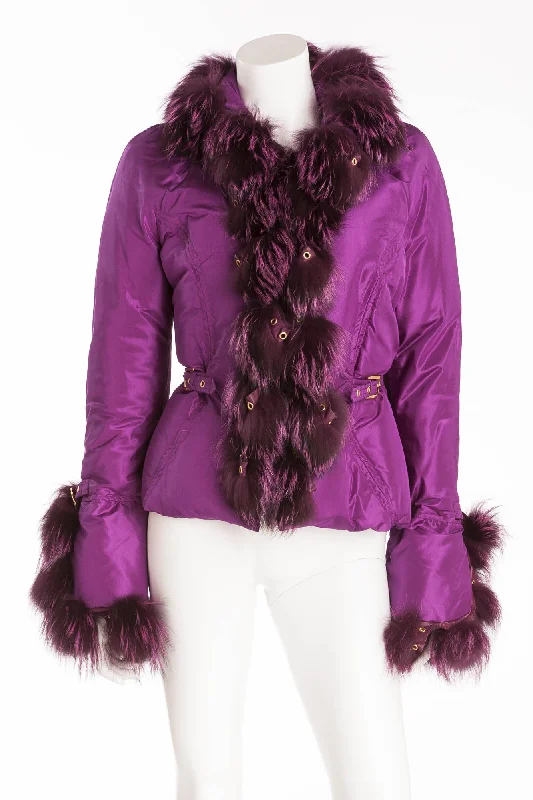 Trendy Online Boutiques Roberto Cavalli - Purple Down Feather Puffy Jacket with Purple Fur Trim - IT 42