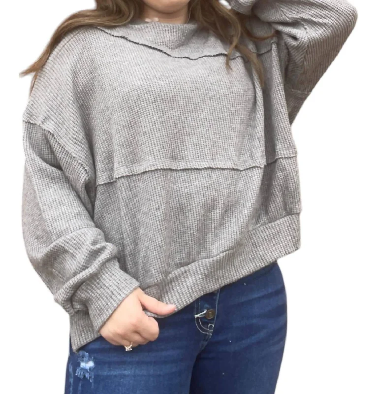 Casual Chic Women's Clothes Waffle Crewneck Raw Detail Sweater In Heather Grey