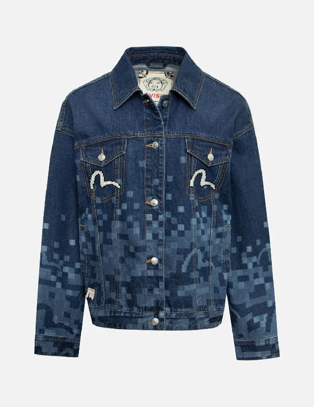 Casual Wear Pixel Seagull Embroidery and Print Oversized Denim Jacket