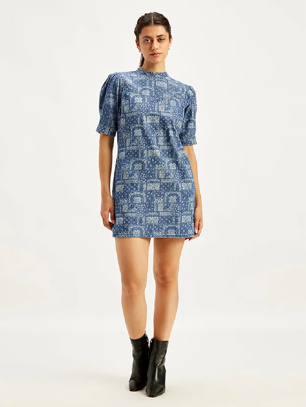 Extreme Clearance Deals Women's Paisley Blue Band Neck Mini Dress