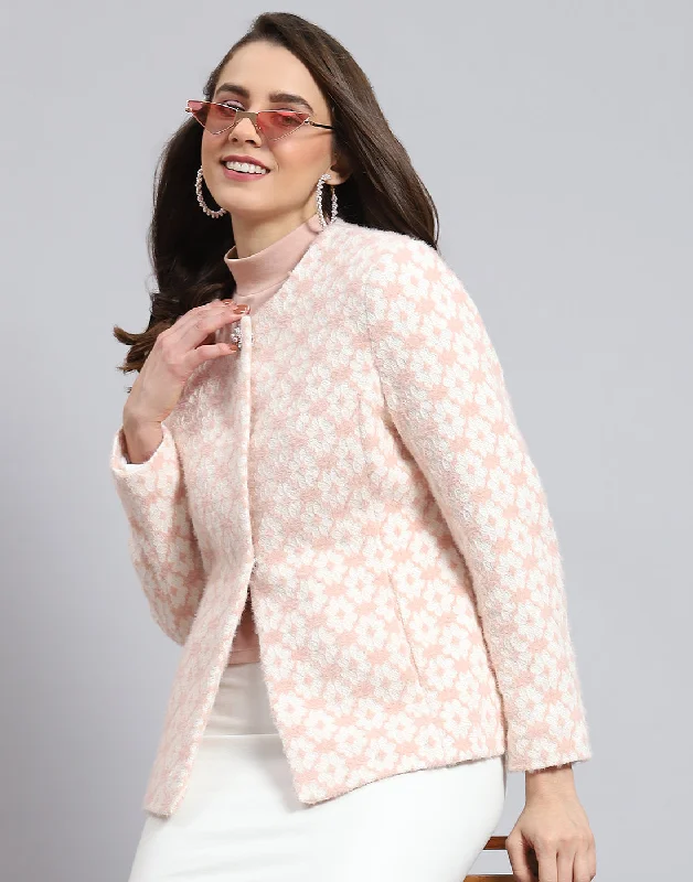 New Arrival Discount Women Pink Self Design Round Neck Full Sleeve Coat